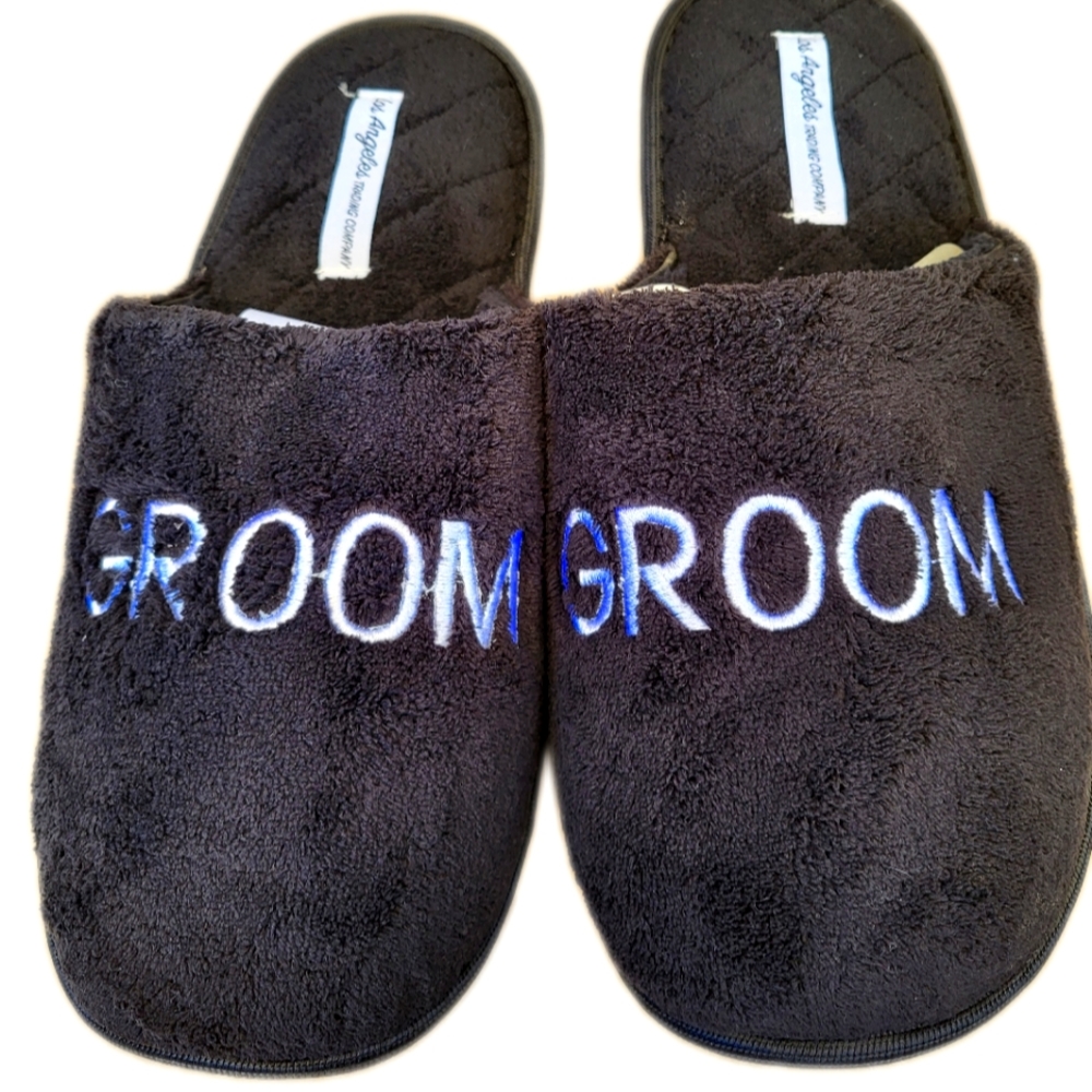 Men's soft, cozy, comfy slippers embroidered with "GROOM" .